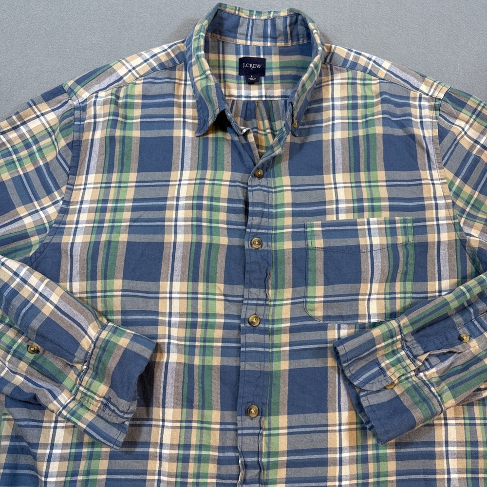 FLANNEL SHIRT J. CREW MEN LRG BLUE GRN Preppy Cotton Paid Button Front Pocket